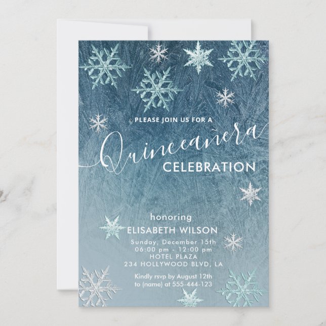 Winterwunder Schneeflocken Quinceñera Invitat Einladung (Vorderseite)