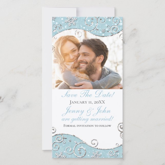 Winterwunder Schneeflocken Swirt Fotokarte Save The Date (Vorderseite)