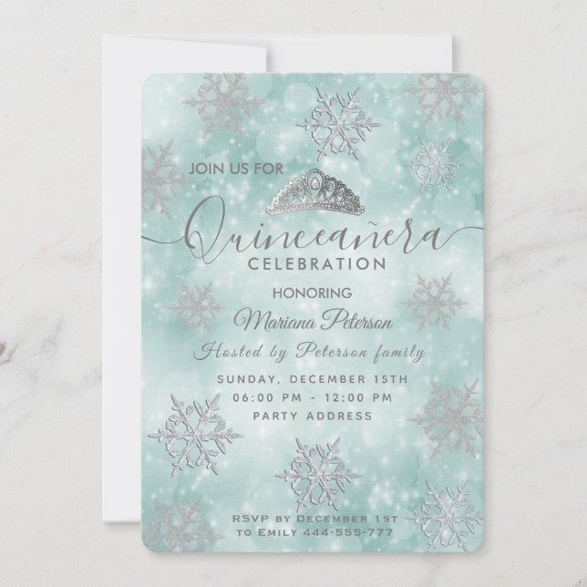 Winterwunderland aquamarin bokeh tiara Quinceañera Einladung (Vorderseite)