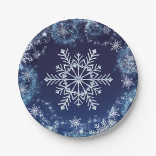 Winterwunderland Blau & Weiß funkelnde Schneeflock Pappteller