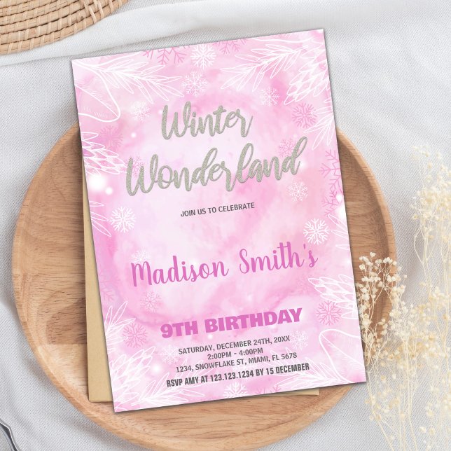 Winterwunderland Einladungen Rosa Silberner Glitze (Winter Wonderland Invitations Pink Silver Glitter)