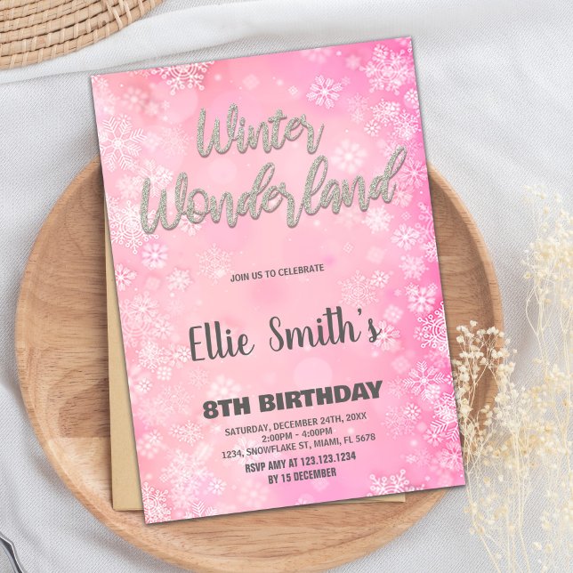 Winterwunderland Einladungen Rosa Silberner Glitze (Winter Wonderland Invitations Pink Silver Glitter)