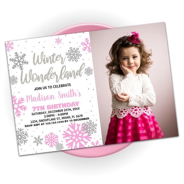 Winterwunderland Geburtstagseinladungen Rosa Foto Einladung (Winter Wonderland Birthday Invitations Pink Photo)