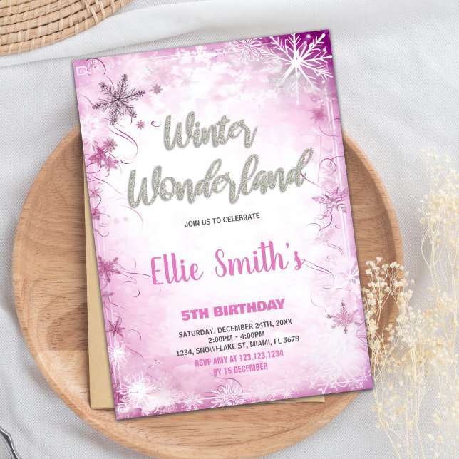 Winterwunderland Geburtstagseinladungen Rosa Silbe Einladung (Winter ONEderland Birthday Invitations Pink Silver)