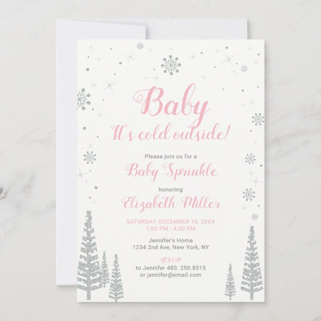 Winterwunderland, Girl Baby Sprinkle, rosa Silver Einladung (Vorderseite)