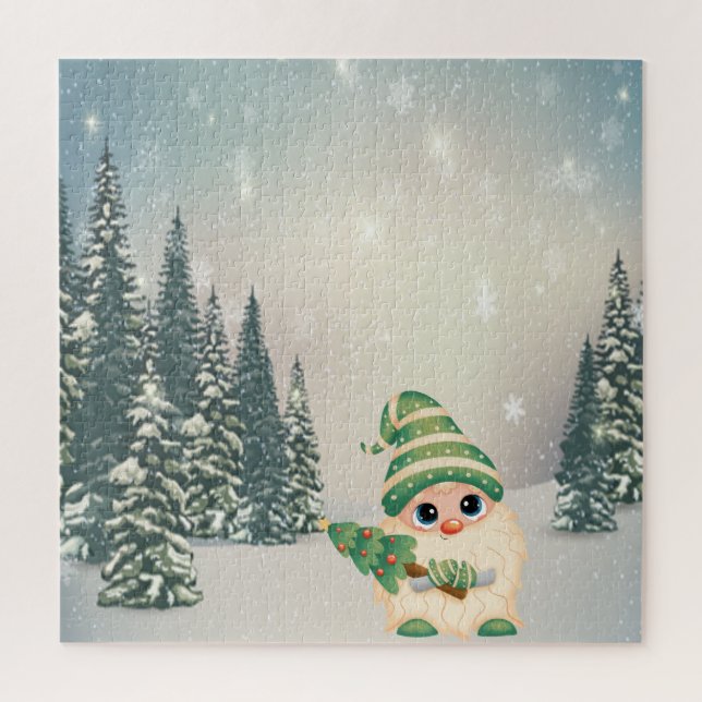 Winterwunderland, Gnome, Kiefernbaum, Wald, Schnee Puzzle (Vertikal)