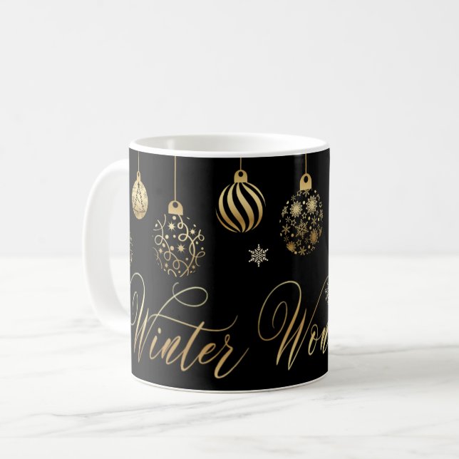 Winterwunderland Gold schwarze Ornamente Weihnacht Kaffeetasse (Vorderseite Links)