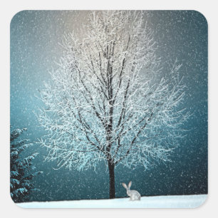Winterwunderland mit Kaninchen Quadratischer Aufkleber
