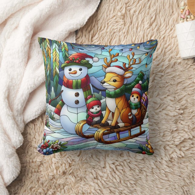 Winterwunderland mit Schneemann und Freunden Kissen (Decke)