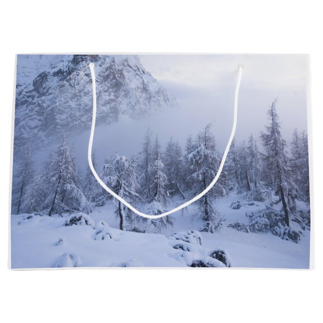 Winterwunderland, Nebel, Fichtenwald und Berge Große Geschenktüte (Vorderseite)