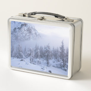 Winterwunderland, Nebel, Fichtenwald und Berge Metall Brotdose