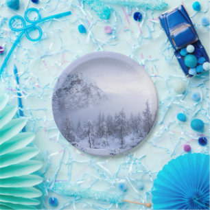 Winterwunderland, Nebel, Fichtenwald und Berge Pappteller