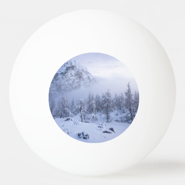 Winterwunderland, Nebel, Fichtenwald und Berge Tischtennisball (Vorderseite)