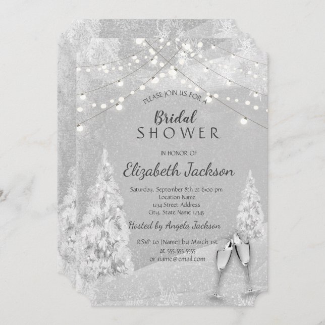 Winterwunderland, Pine Tree Gray Brautparty Einladung (Vorne/Hinten)