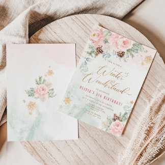 Winterwunderland Rosa Goldschneeflocken Geburtstag Einladung