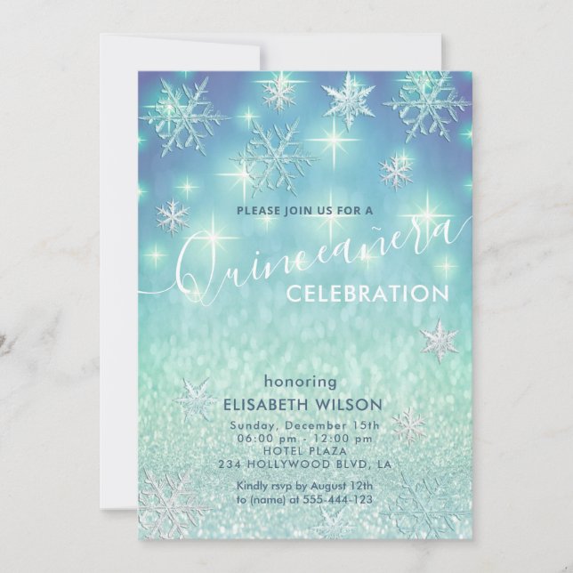Winterwunderland Schneeflocken Glitzer Quinceañera Einladung (Vorderseite)