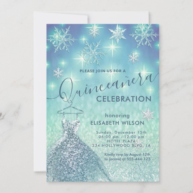 Winterwunderland Schneeflocken Glitzer Quinceañera Einladung (Vorderseite)