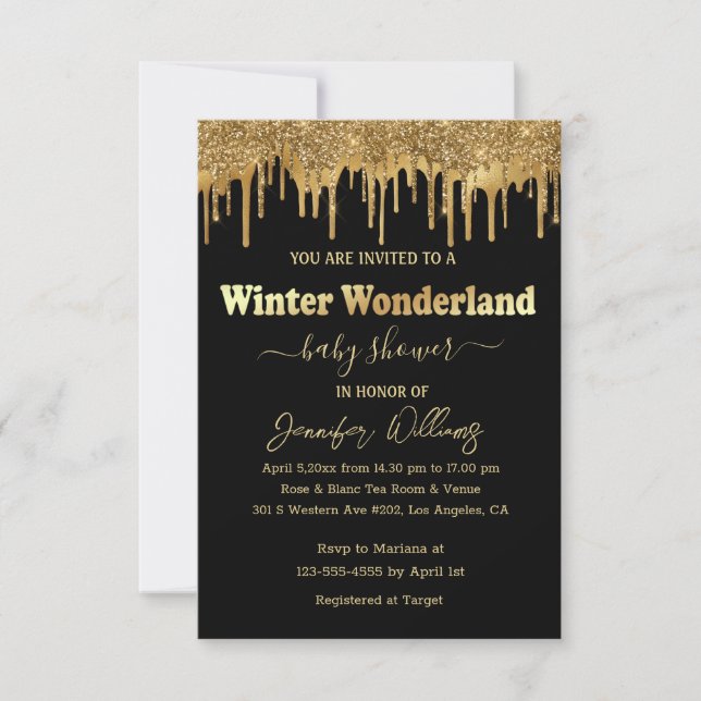 Winterwunderland Schwarzgolden Glitzer Babydusche Einladung (Vorderseite)