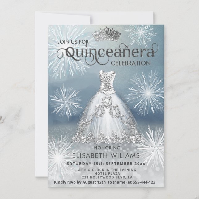 "Winterwunderland Snowflakes tiara Quinceañera Einladung (Vorderseite)