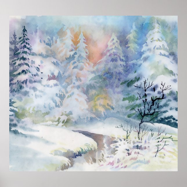 Winterwunderland: Wasserfarbenwelt Landschaft Poster (Vorne)