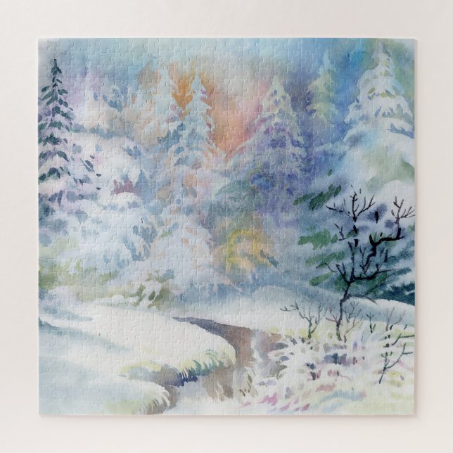 Winterwunderland: Wasserfarbenwelt Landschaft Puzzle (Vertikal)