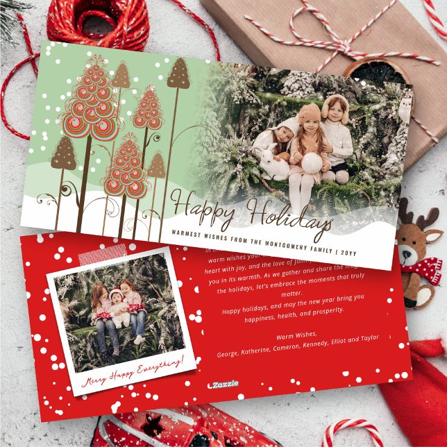 Winterwunderland Weihnachtsbäume und Schnee-Foto Feiertagskarte (Winter Wonderland Whimsical Christmas Trees And Falling Snow Photo Happy Holidays Card @ fat_fa_tin)