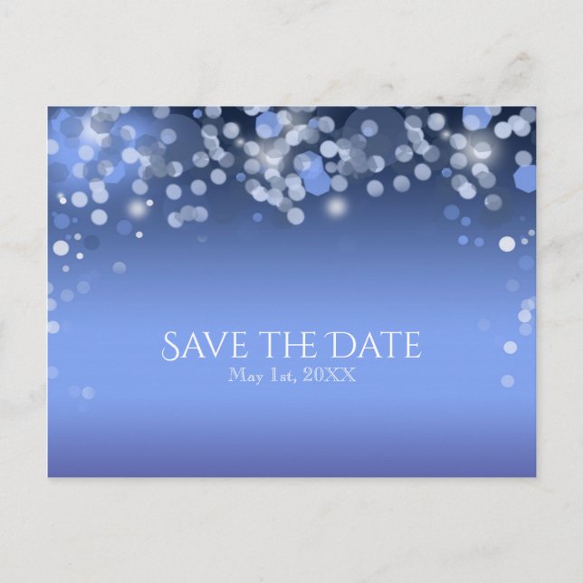 Wintery Blue Lights Winter Wedding Save the Date Ankündigungspostkarte (Vorderseite)