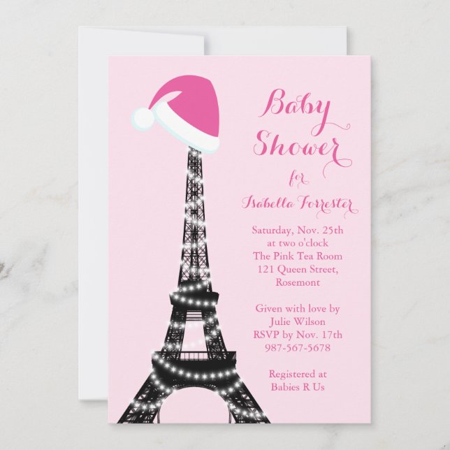 Wintery Eiffel Tower Baby Dusche Einladung - Rosa (Vorderseite)