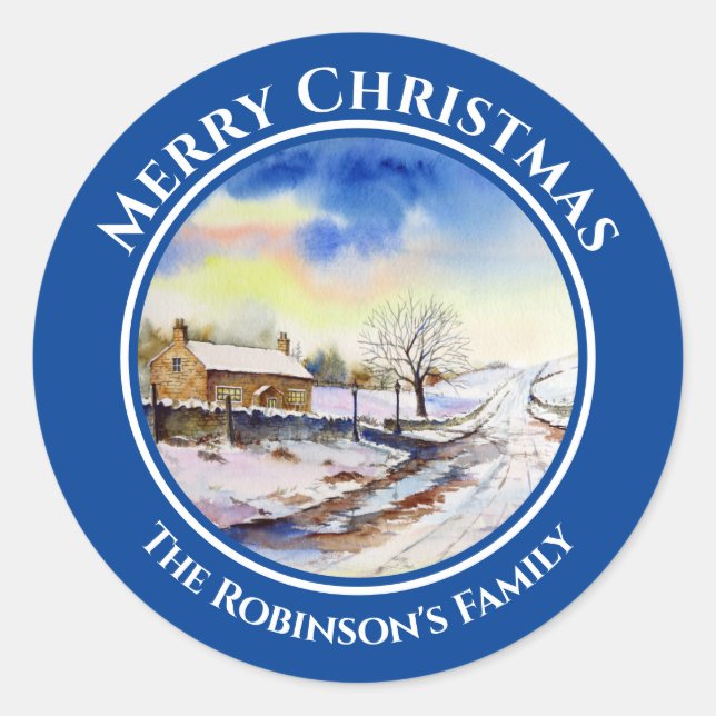 Wintery-Lane-Wasserfarben-Landschaftsmalereikreis Runder Aufkleber (Vorderseite)