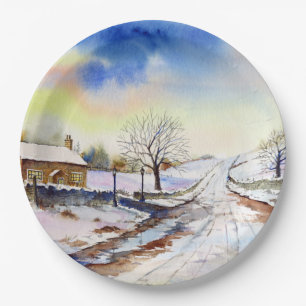 Wintery Lane Wasserfarbenlandschaft - Malerei Pappteller
