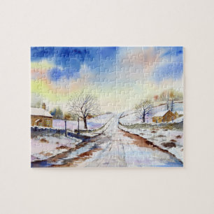 Wintery Lane Wasserfarbenlandschaft - Malerei Puzzle