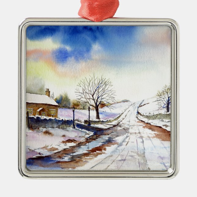 Wintery Lane Wasserfarbenwelt Landschaftsbild Male Ornament Aus Metall (Vorne)