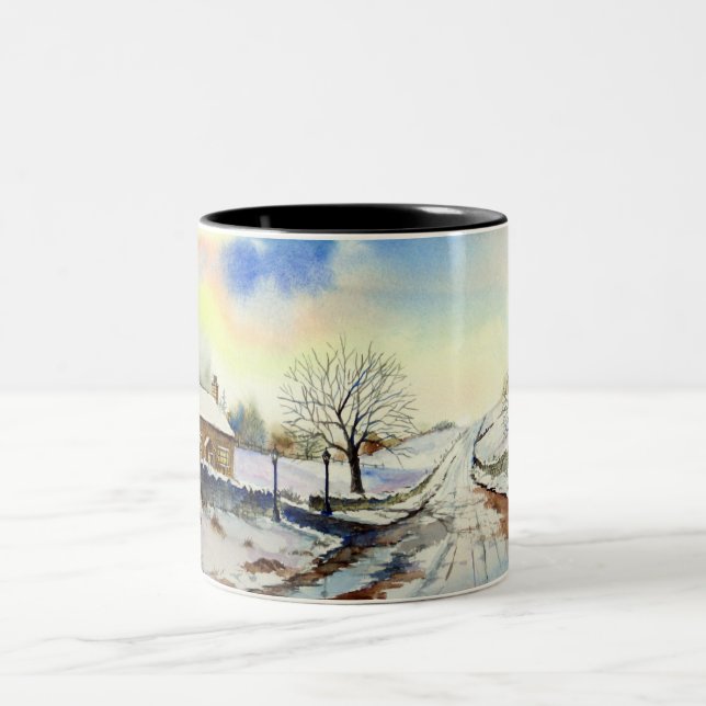 Wintery Lane Wasserfarbenwelt Landschaftsbild Male Zweifarbige Tasse (Mittel)