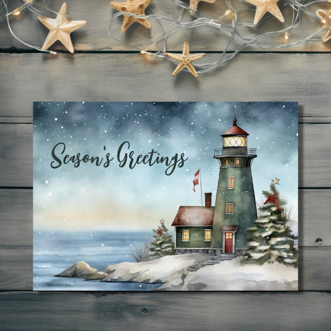 Wintery Lighthouse Weihnachten Weihnachten (Front - Wintery Lighthouse Season's Greetings Christmas Holiday Card)