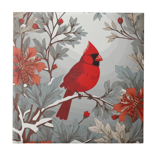 Wintery Red Kardinal Bird Fliese (Vorderseite)