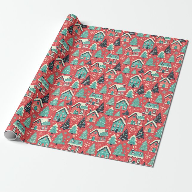Winterzauber Geschenkpapier: Bunte Häuser rot Geschenkpapier (Ungerollt)