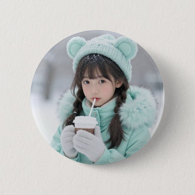 Winterzauber: Süßes Anime-Mädchen mit Minz-Taste K Button (Vorderseite)