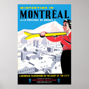 Winterzeit in Montreal, Frau mit Skiausrüstung Poster