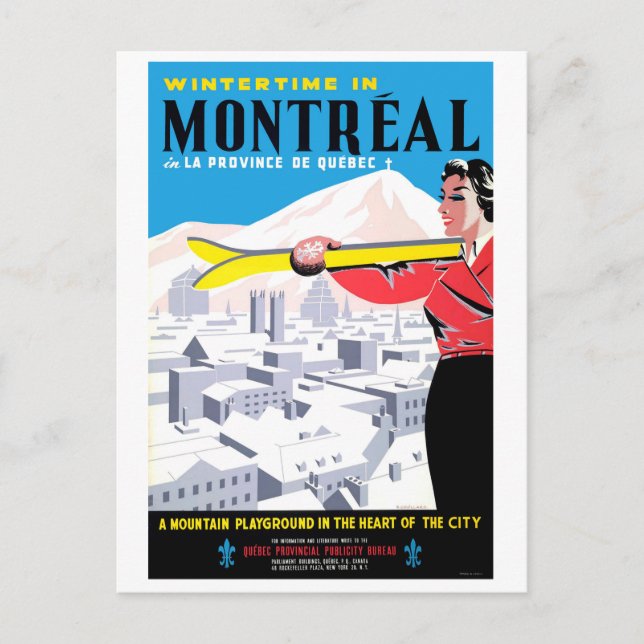 Winterzeit in Montreal, Frau mit Skiausrüstung Postkarte (Vorderseite)