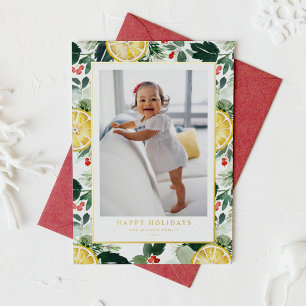 Winterzitrus- und Grünmuster-Foto Folien Feiertagskarte