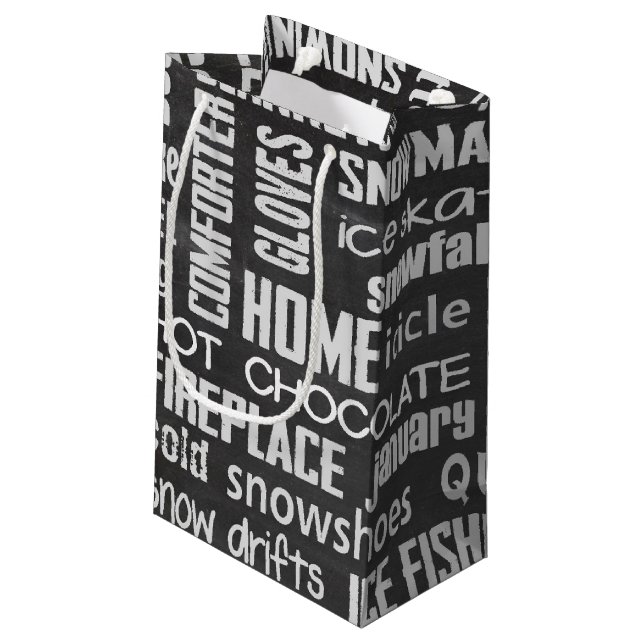 Wintry Word Cloud Kleine Geschenktüte (Rückseite Schrägansicht)