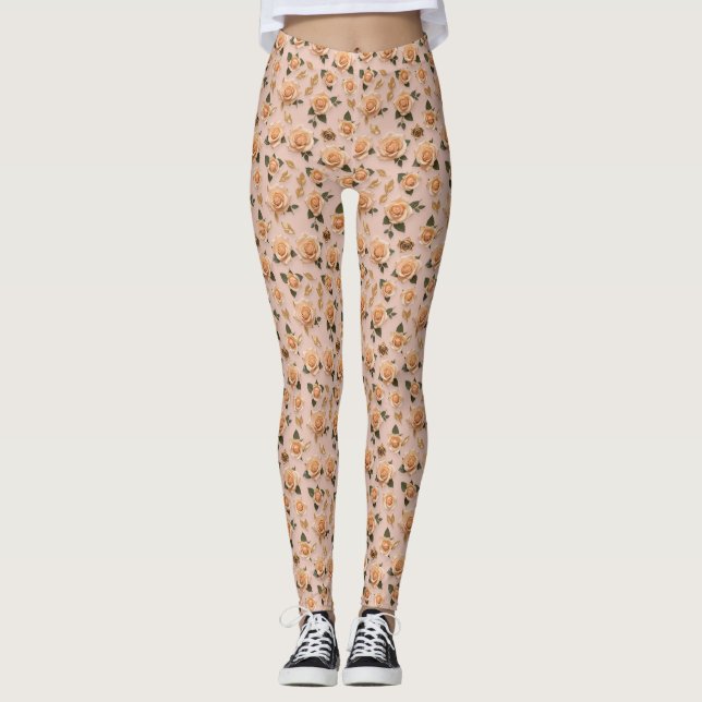 Winzige cremefarbene und goldene Rosen  Leggings (Vorderseite)