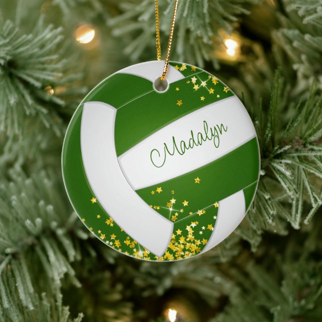 winzige goldene Sterne Grüner Volleyballspieler Sa Keramik Ornament (Baum)