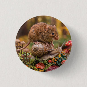 Winzige Maus reitet auf Schnecke im herbstlichen W Button