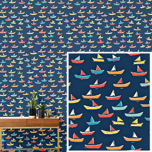 Winzige Segelboote auf dunkelblauen, nautischen Tapete