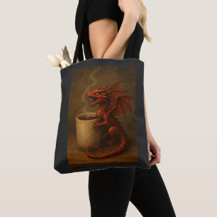 Winziger Kaffeedrache umarmt eine Tasse Fantasy Ar