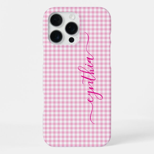 Winziges Blassrosa Gingham-Signatur iPhone Hülle (Rückseite)