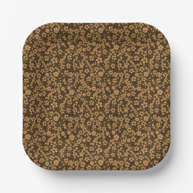 Winziges süßes Khaki-Braun-Schwarzes Blumenmuster Pappteller (Vorderseite)