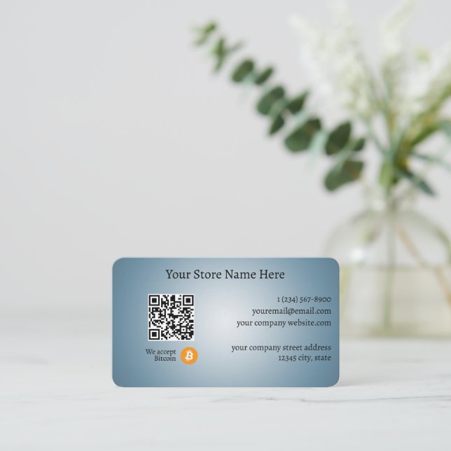 Wir akzeptieren Bitcoin QR Code Gradient Blue Visitenkarte (Stehend Vorderseite)
