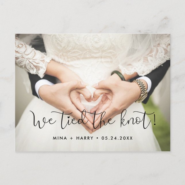 Wir band das knot Whimsical Hochzeitsfest Foto Postkarte (Vorderseite)